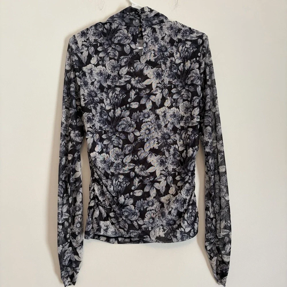 NWT Cinq a' Sept Photo Real Shirred Mesh Turtleneck in Slate Blouse Top Large - Picture 6 of 15
